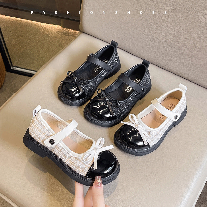 Girls’ Chanel-Style Leather Shoes – Bow Princess Soft Sole Flats