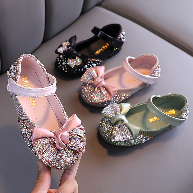 Girls’ Rhinestone Bow Dance Shoes – Casual Performance Flats