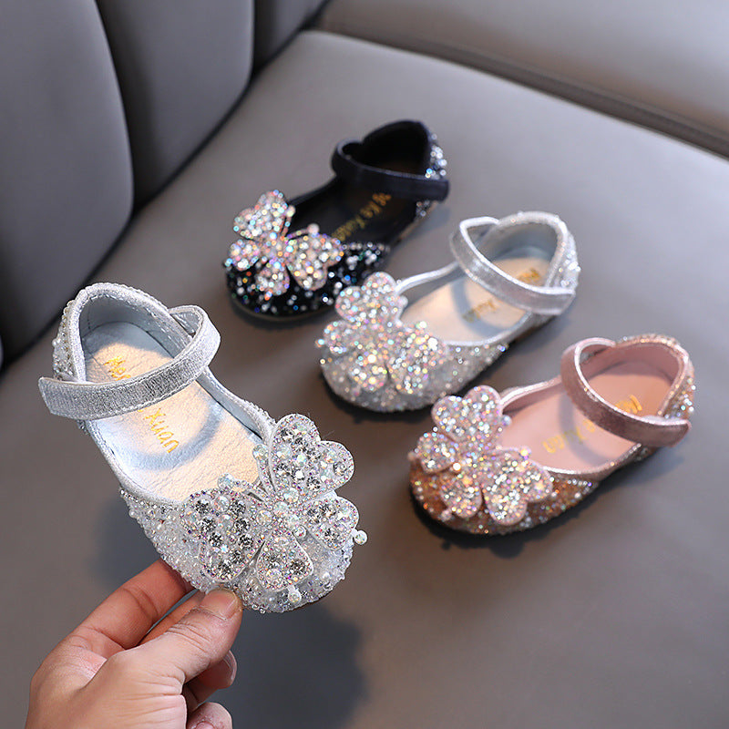 Girls’ Square Toe Rhinestone Bow Shoes – Princess Dance Flats