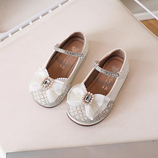 Girls Sequined Bow Leather Princess Shoes Elegant Dress Flats