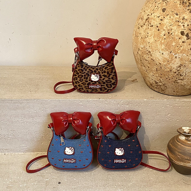 Children’s Cotton Bow Cat Heart Embroidered Crossbody Handbag