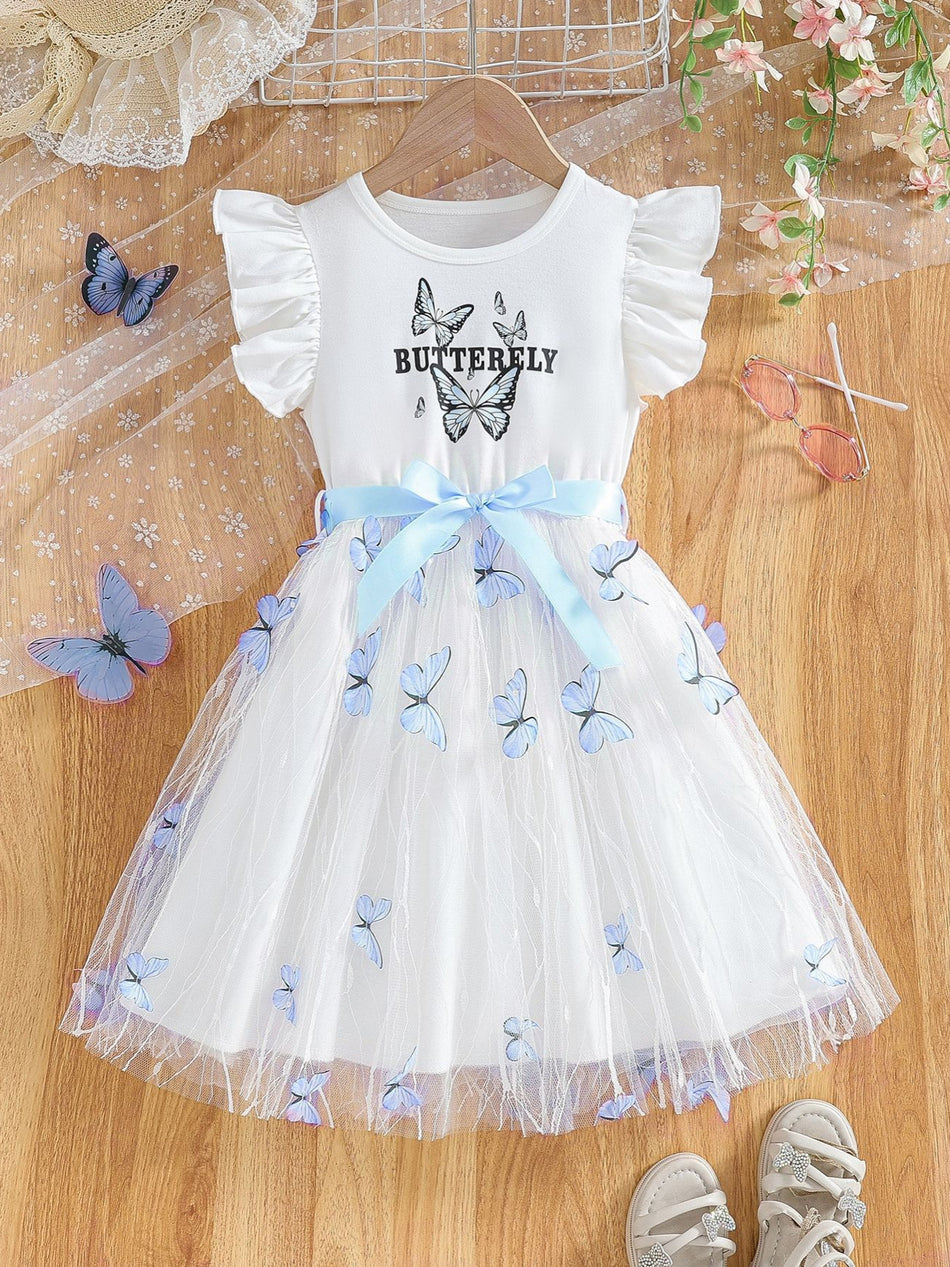 Children’s Butterfly Print Flying Sleeve A-Line Dress for Girls