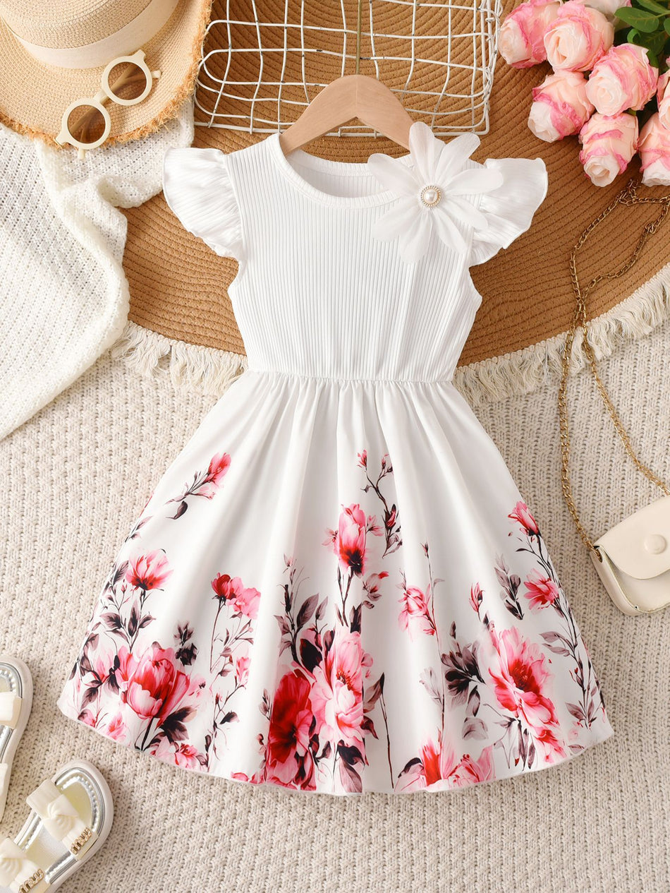 Children’s White Floral Flying Sleeve A-Line Dress for Girls