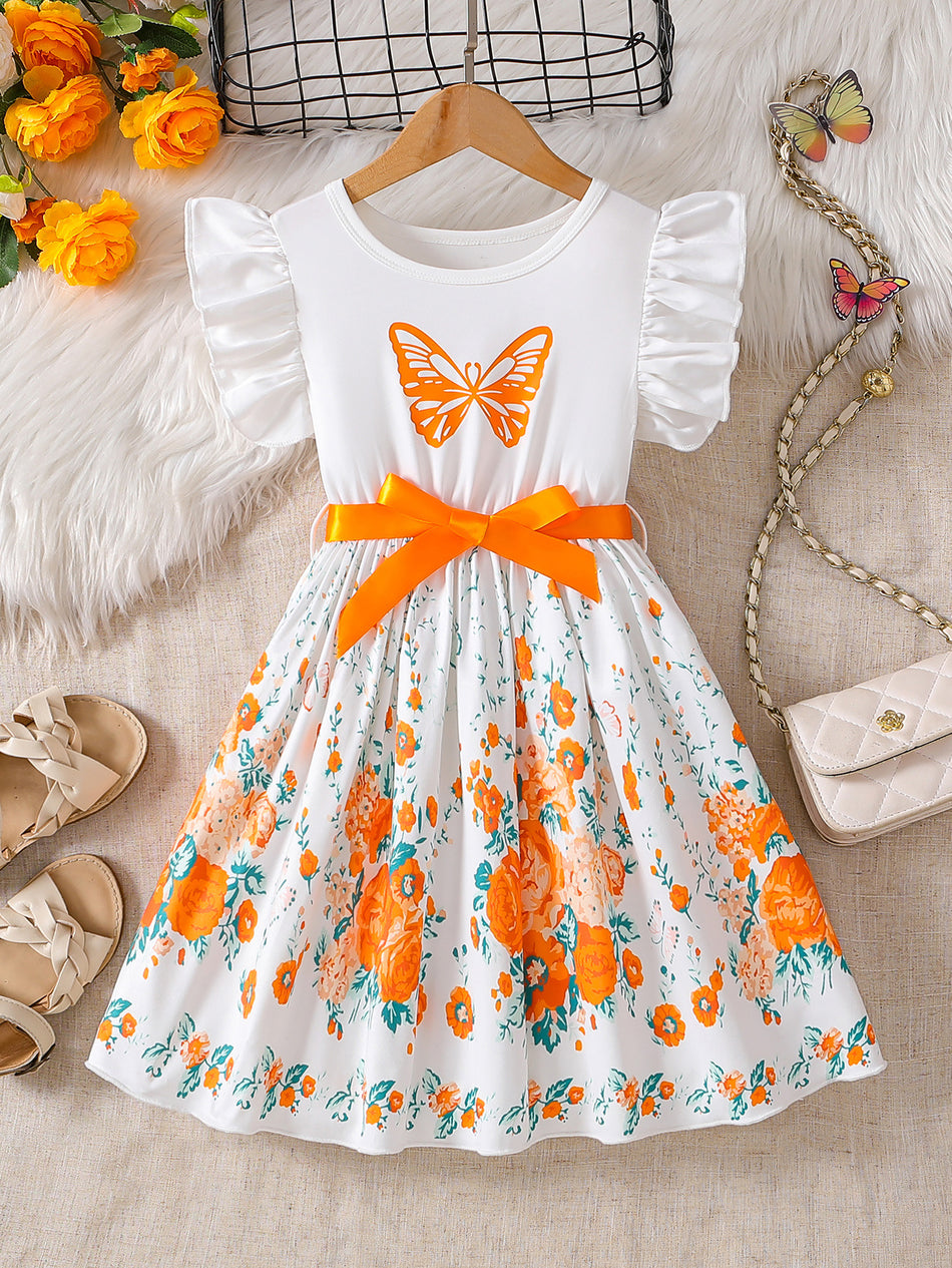 Children’s Orange Butterfly Print Flying Sleeve A-Line Dress for Girls