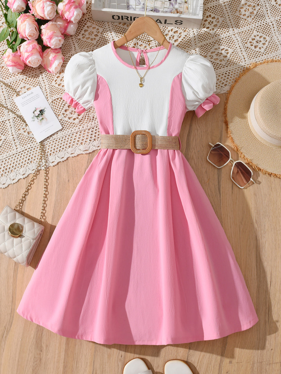 Children’s Pink White Color-Block Puff Sleeve A-Line Dress for Girls