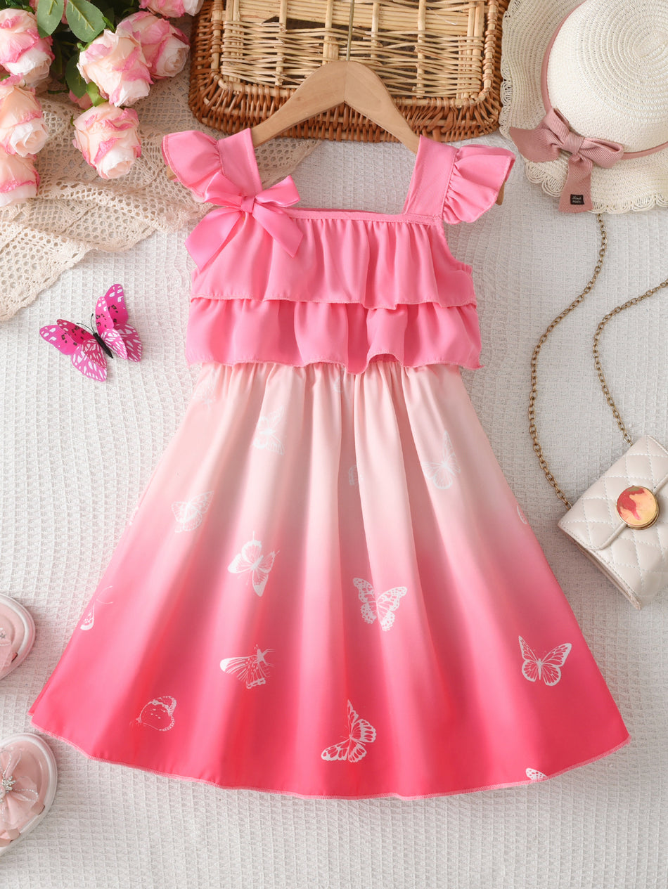 Children’s Gradient Flutter Sleeve Bow A-Line Dress for Girls