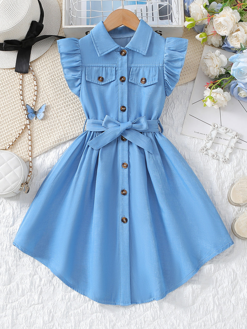 Children’s Denim Style Flying Sleeve Bow A-Line Dress for Girls