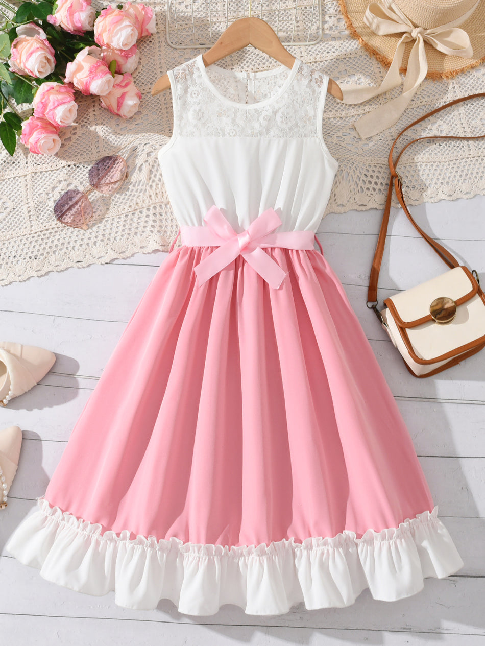 Children’s Sleeveless Pink A-Line Ruffle Hem Dress for Girls