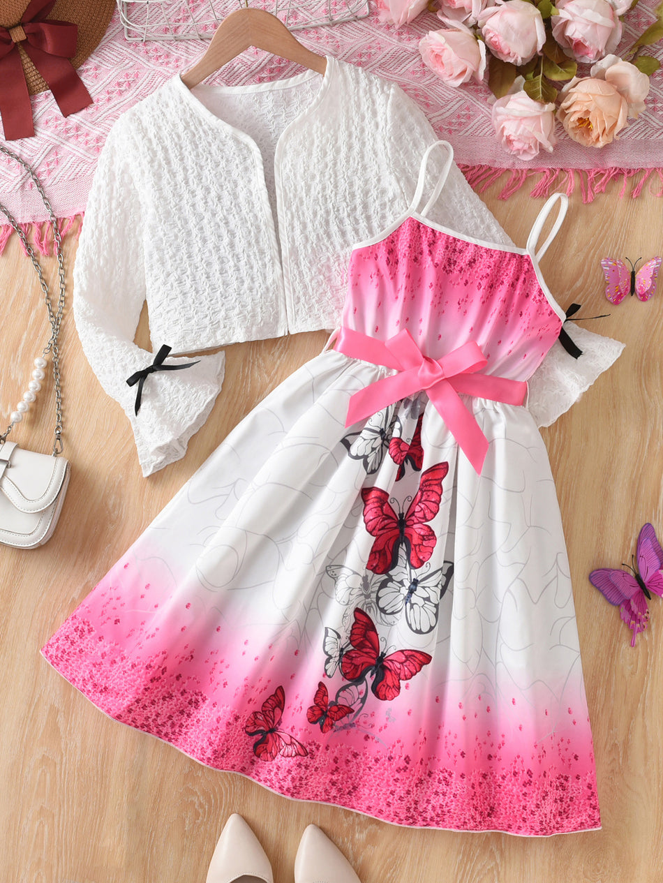 Children’s Pink Bow Butterfly Print Two-Piece Dress Set for Girls