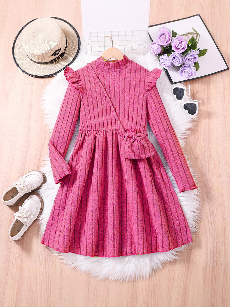 Children’s Peach Pink Knitted A-Line Dress with Crossbody Bag