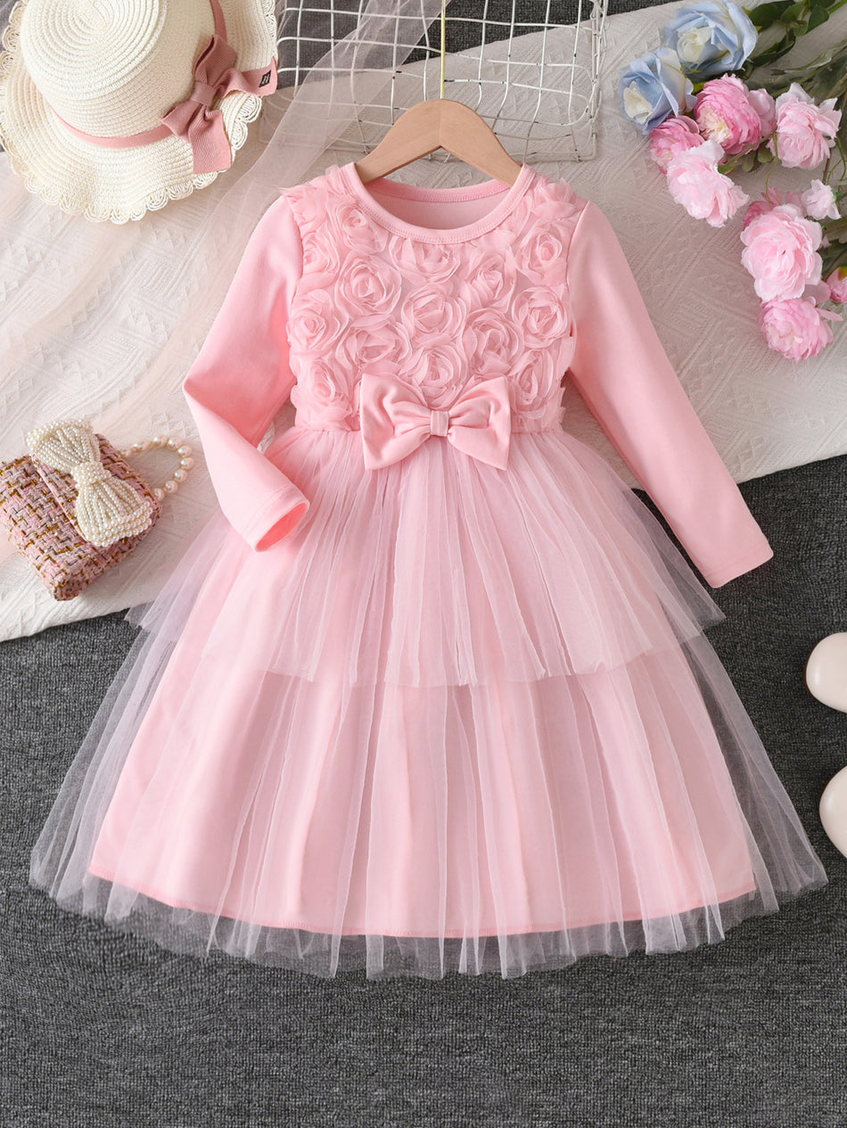 Girls Pink Bow Princess Tutu Dress Long Sleeve Gauze Skirt