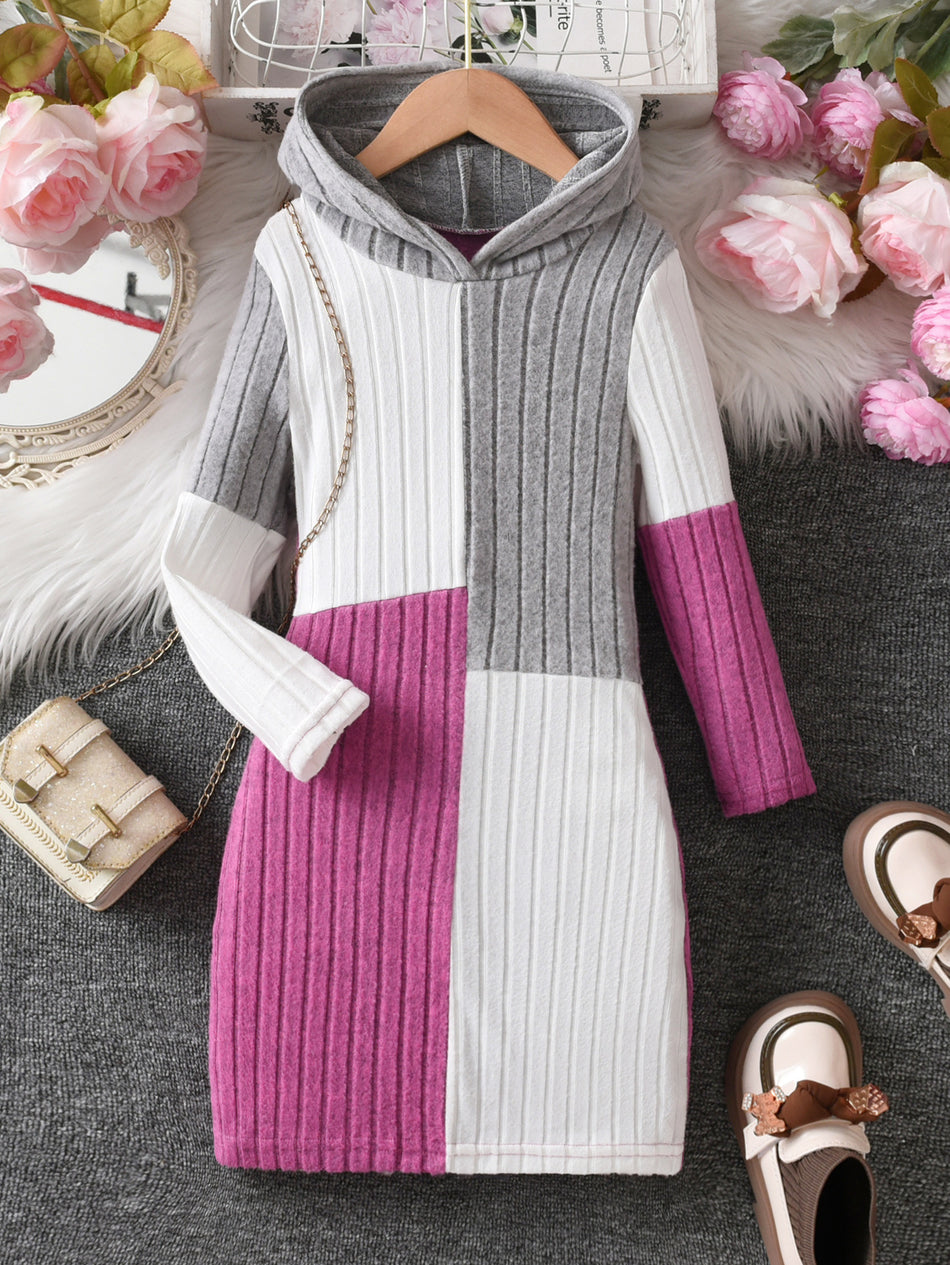 Girls Color-Block Hooded Ribbed Long Sleeve Dress