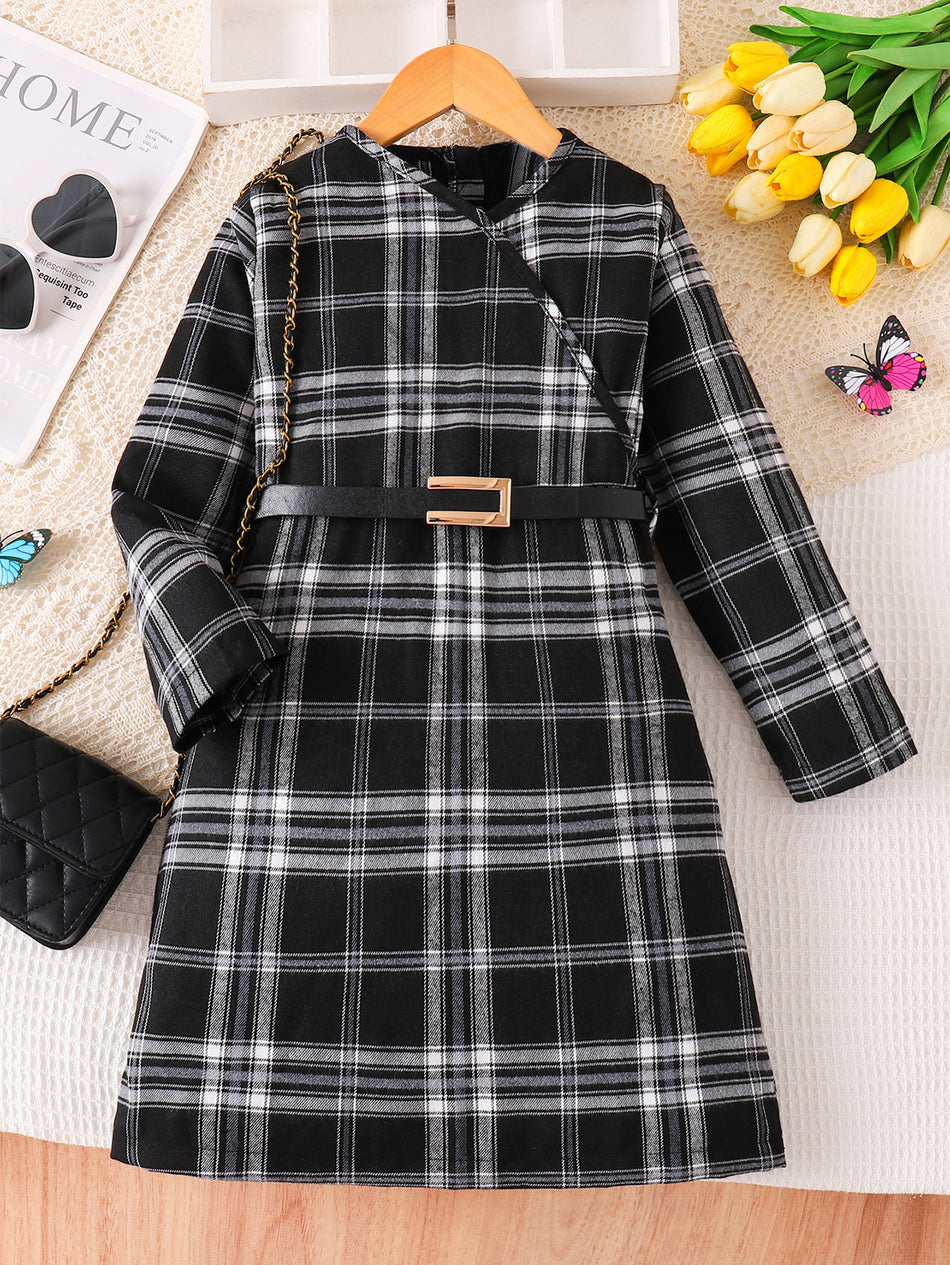 Girls Black White Plaid Belted A-Line Long Sleeve Dress