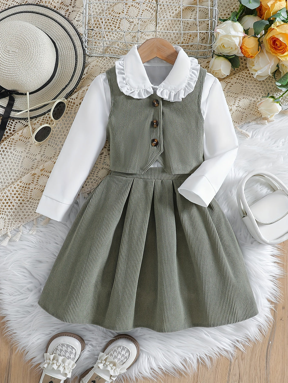 Girls Doll Collar Shirt Corduroy Vest Skirt 3-Piece Set