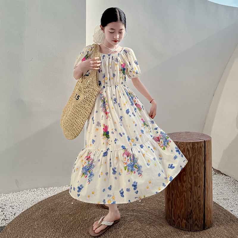 Girls Floral Cotton Princess Dress Short Sleeve Waist Maxi Skirt