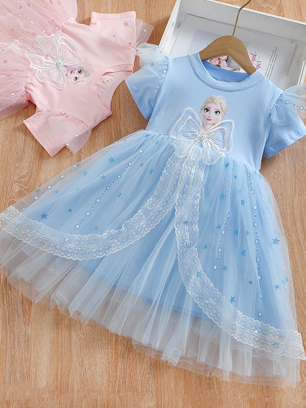 Girls Elsa Princess Dress Short Sleeve Puffy Gauze Skirt
