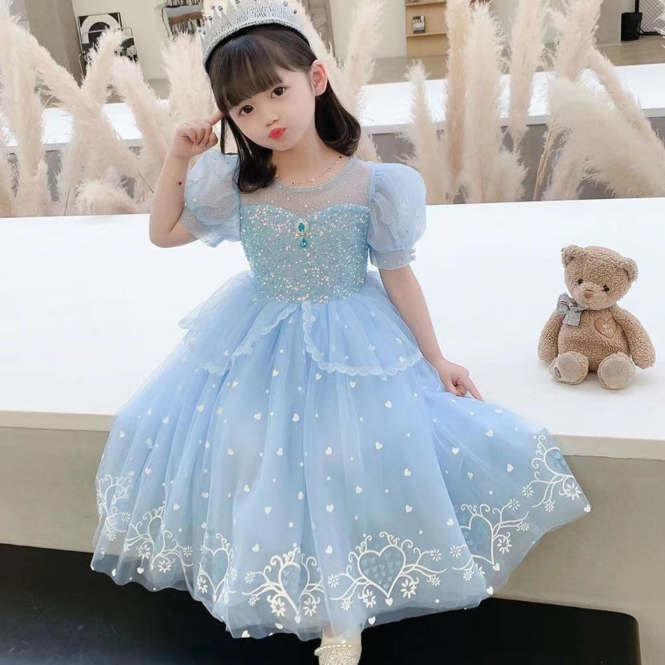 Girls Elsa Princess Mesh Dress Short Sleeve Summer Party Gown