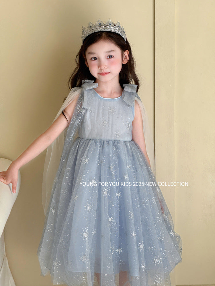 Girls Elsa Princess Bow Ribbon Mesh Dress Long Party Skirt