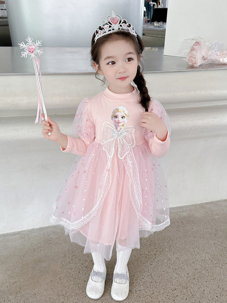 Girls Elsa Princess Long Sleeve Mesh Dress Korean Style Autumn