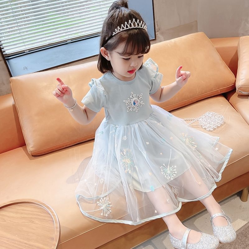 Girls Elsa Princess Short Sleeve Summer Mesh Dress Kids Dress