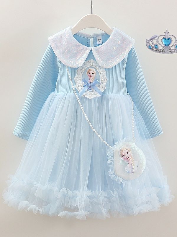 Girls Elsa Princess Long Sleeve Puffy Cake Dress Spring Autumn