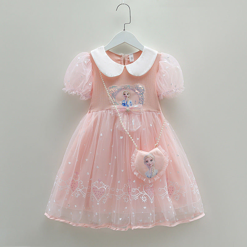 Girls Elsa Princess Short Sleeve Summer Dress Kids Party Gown