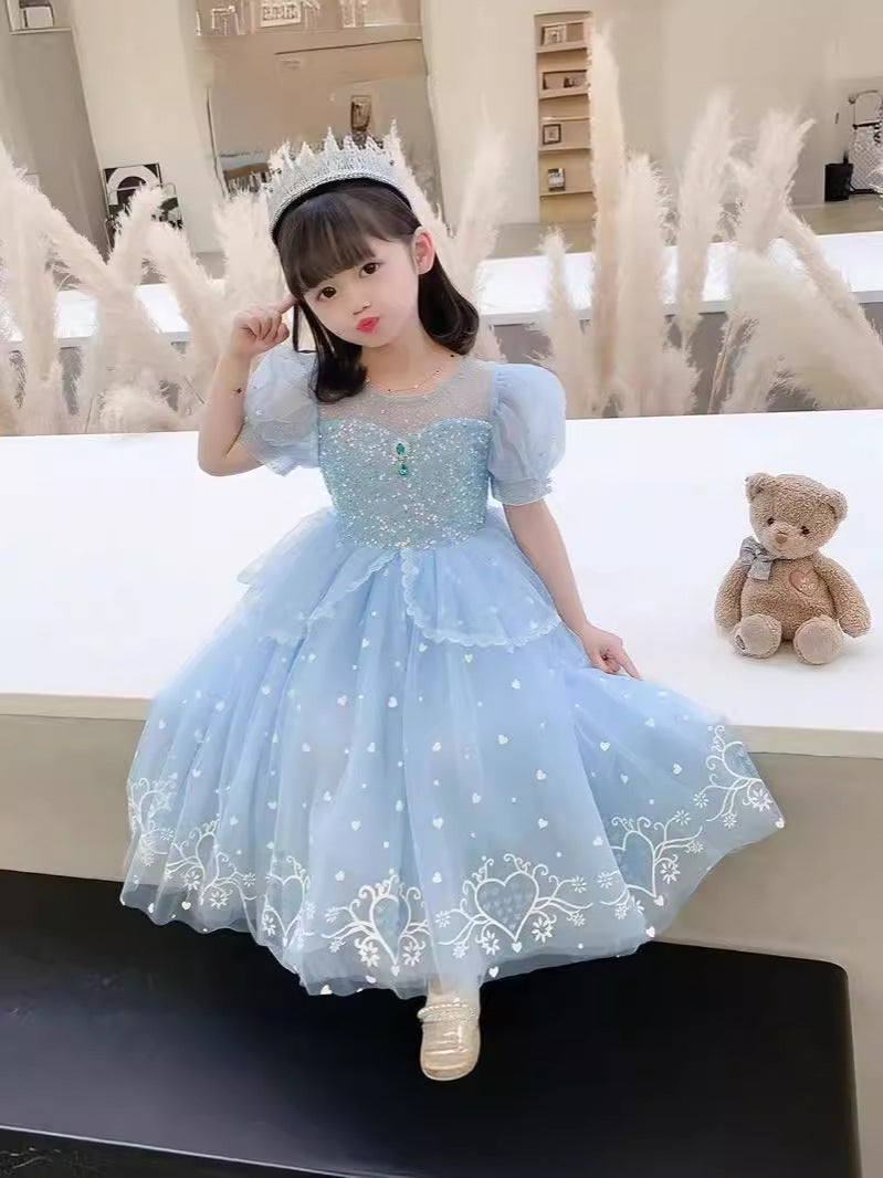 Girls Elsa Princess Short Sleeve Frozen Birthday Dress Summer