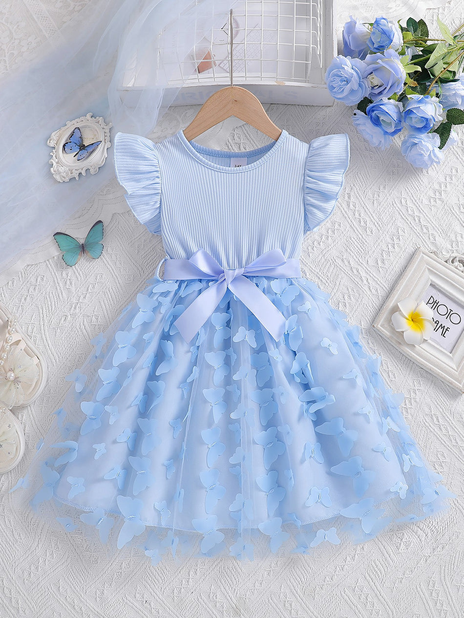 Girls Butterfly Mesh Princess Dress Flutter Sleeve Summer Gown