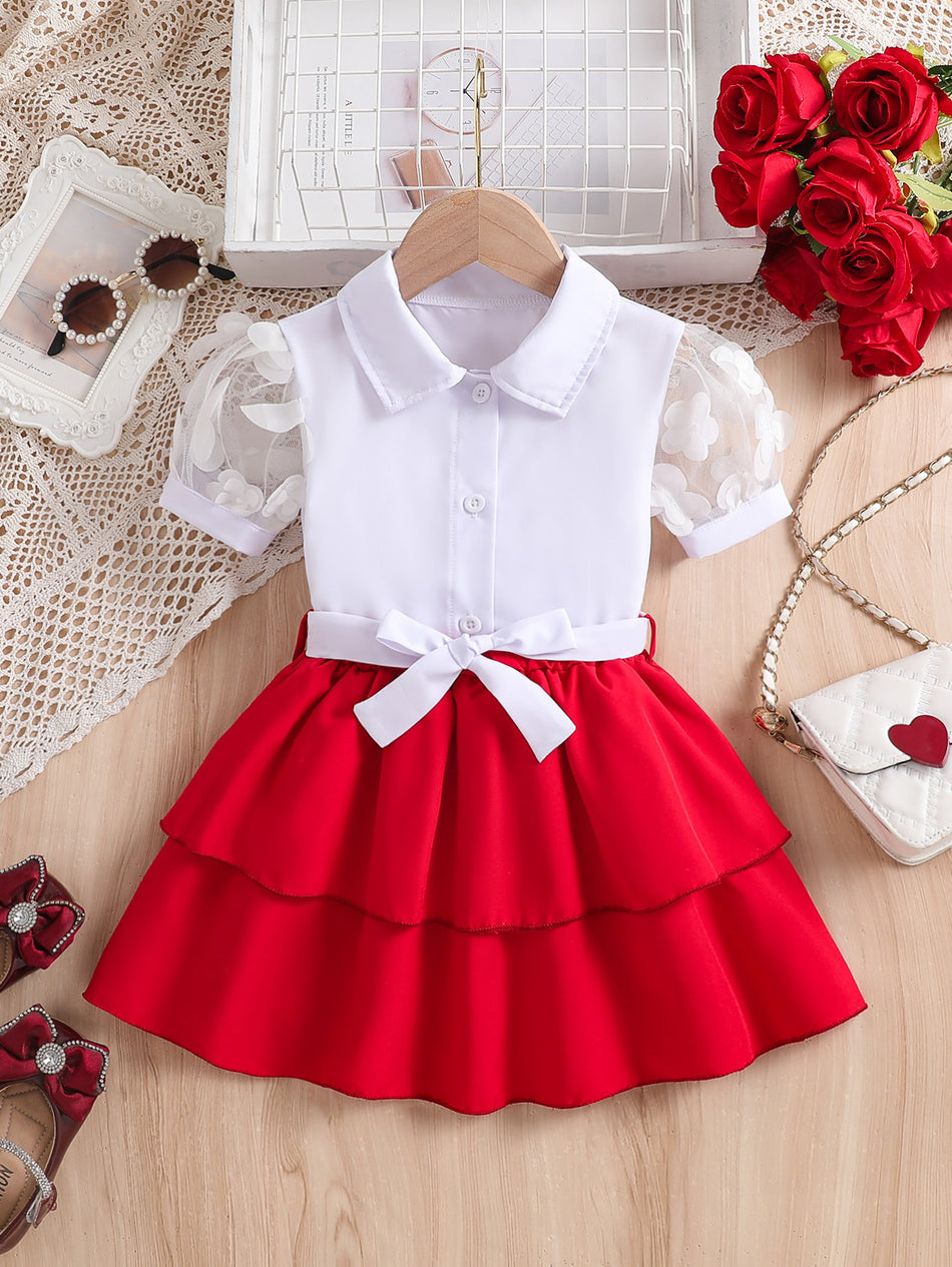 Girls Summer Bow Shirt Skirt Set Lace Sleeve Two Piece Outfit