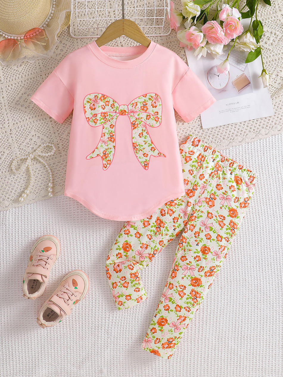 Girls Summer Cotton Bow T-Shirt Set Two Piece Kids Outfit