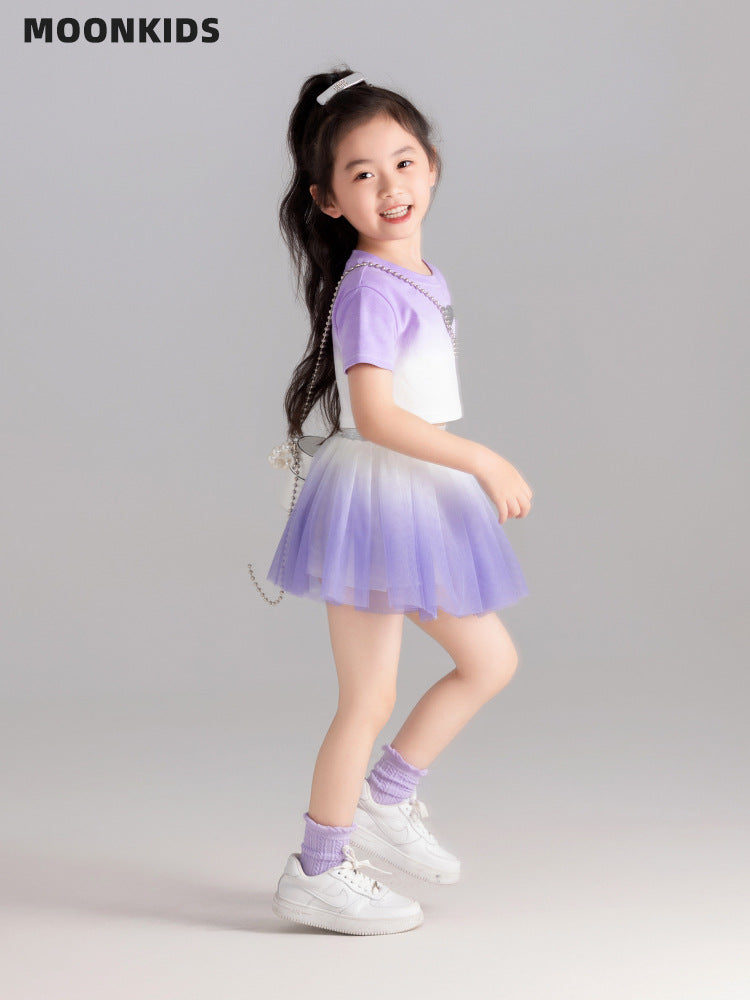 Girls Summer Mesh Skirt Set Short Sleeve Kids Two Piece Outfit