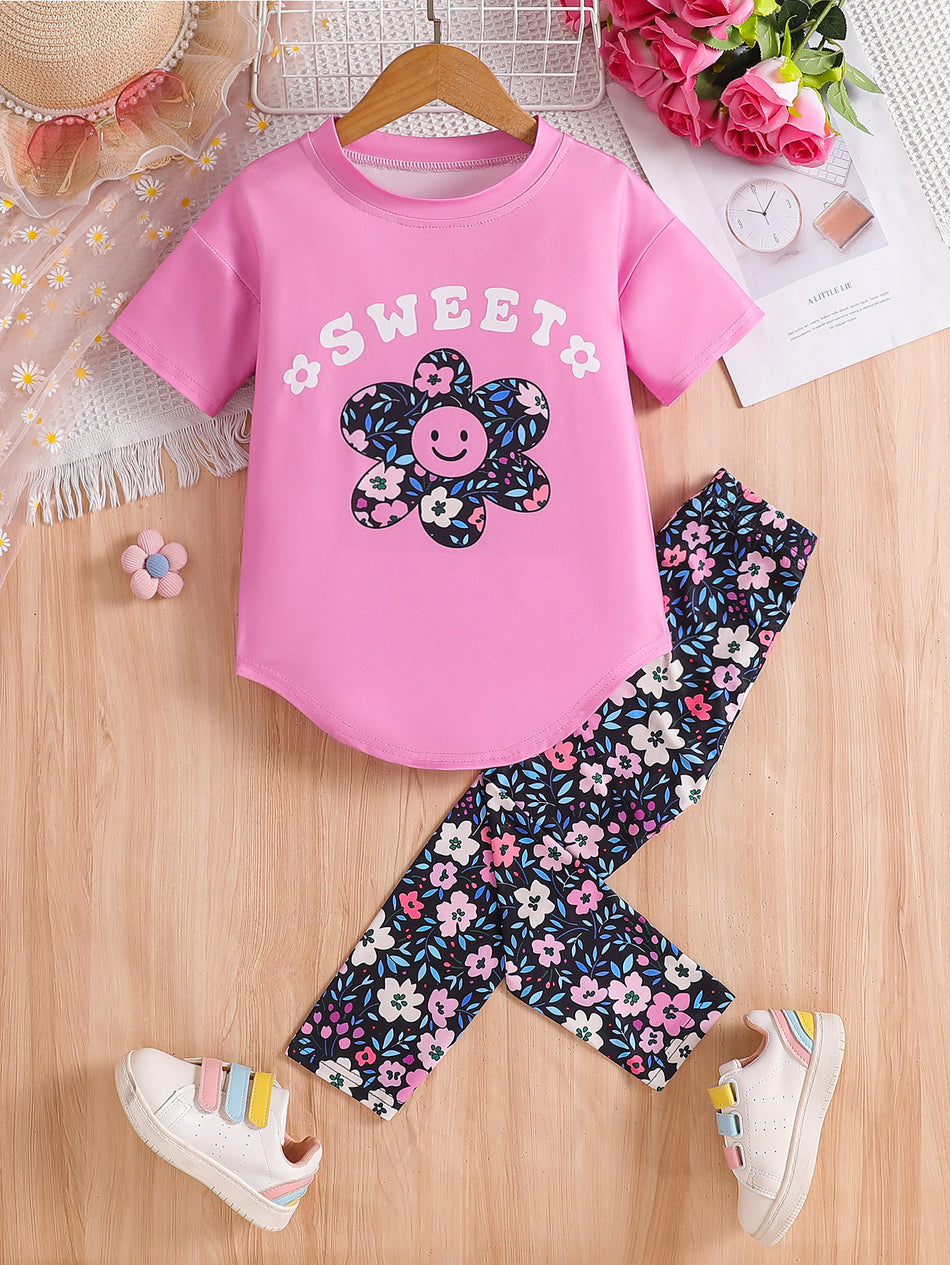 Girls Summer Letter Print Top Floral Pants Two Piece Set Kids
