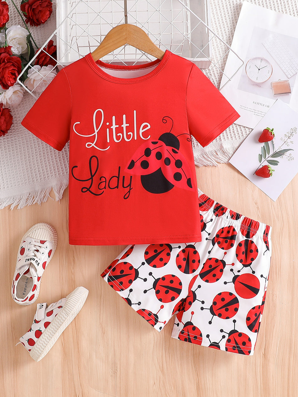 Girls Summer Ladybug Print T-Shirt Shorts Two Piece Kids Set