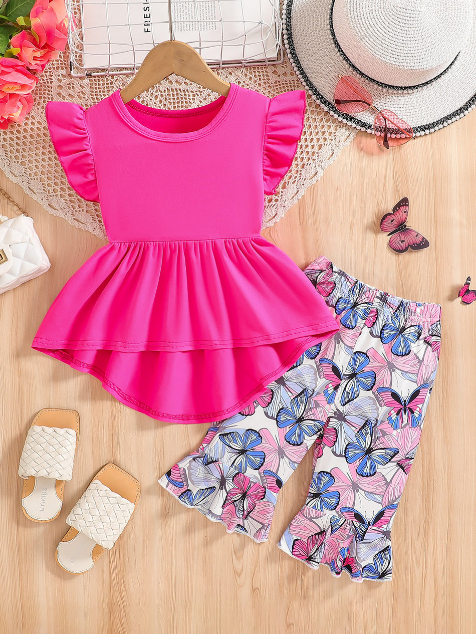Girls Floral Flutter Sleeve Top Pants Two Piece Summer Set