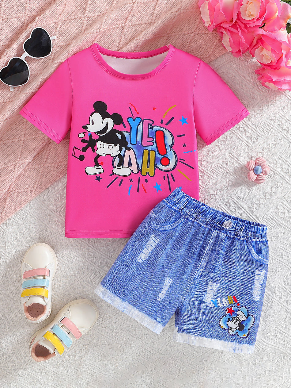 Girls Cartoon Summer Top Shorts Set Round Neck Kids Outfit