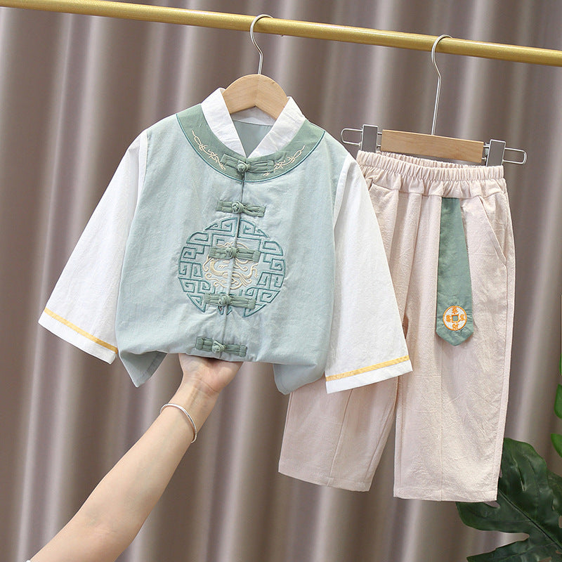 Boys Summer Hanfu Set Traditional Chinese Tang Suit Two Piece