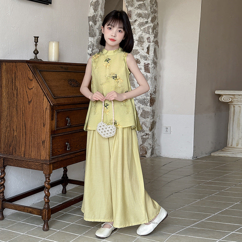 Premium Girls Chinese Style Hanfu Summer Two Piece Set Kids Outfit