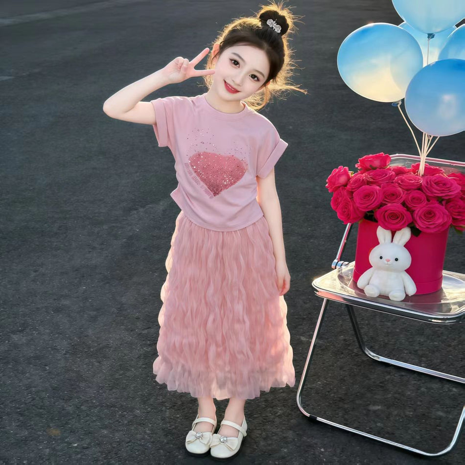 Premium Girls Summer Two Piece Skirt Set Rhinestone Kids Outfit