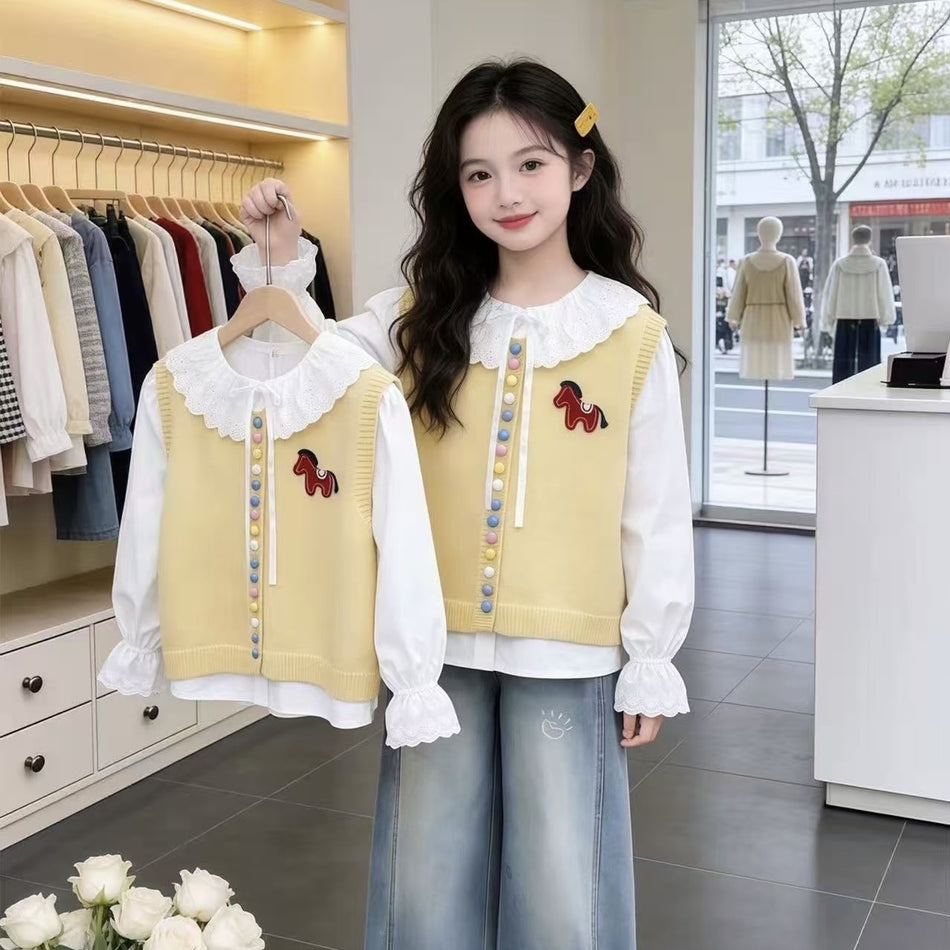 Premium Girls Vest Shirt Two Piece Set Doll Collar Kids Outfit
