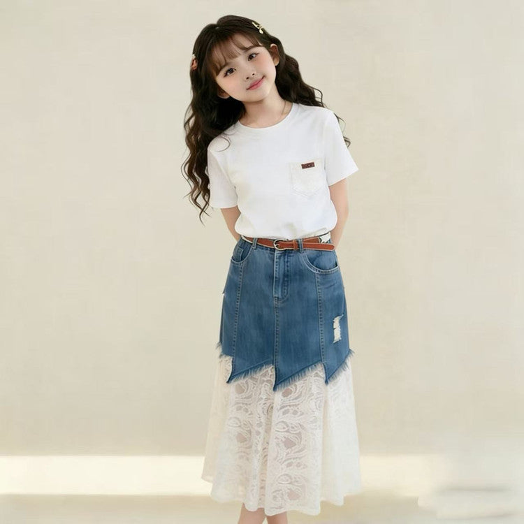 Premium Girls Denim Lace Two Piece Summer Set Princess Style Outfit