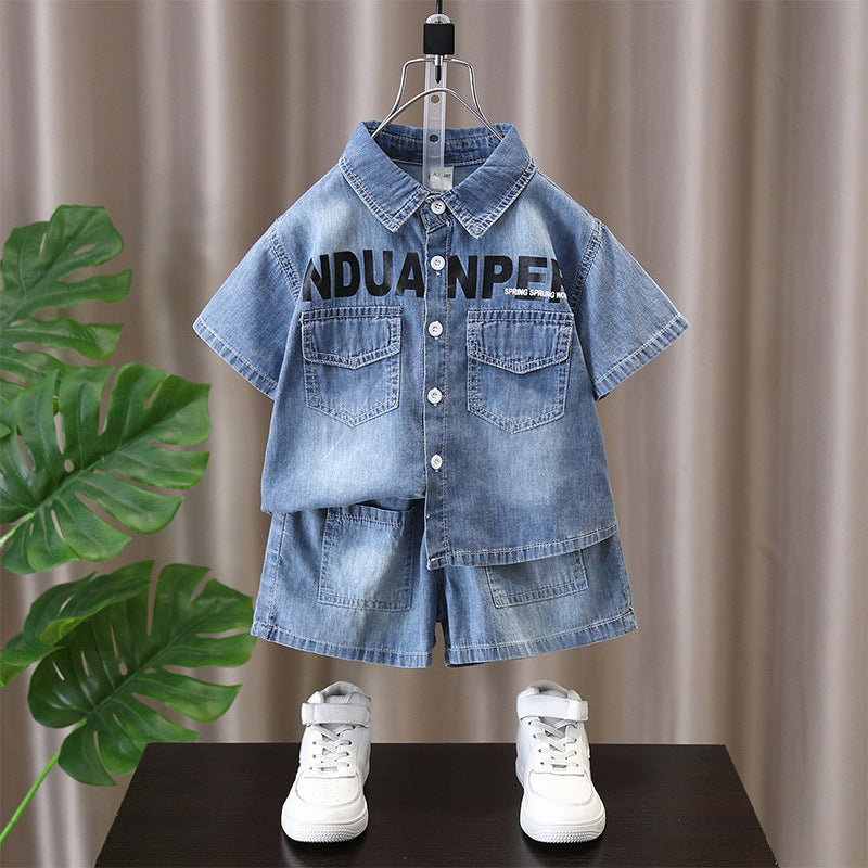 Premium Boys Denim Short Sleeve Two Piece Summer Set Kids Outfit