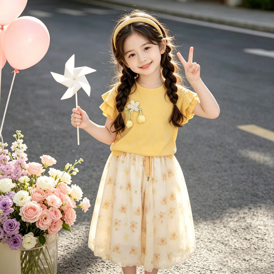 Premium Girls Yellow Floral Two Piece Summer Skirt Set Kids Outfit