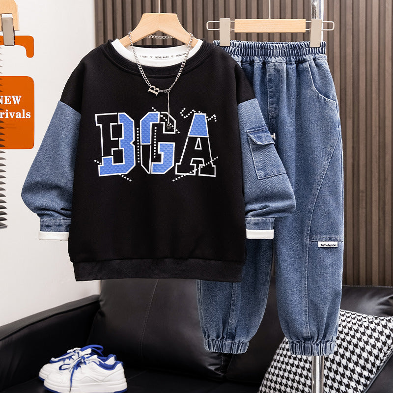 Premium Boys Sweatshirt Two Piece Set Spring Denim Style Outfit