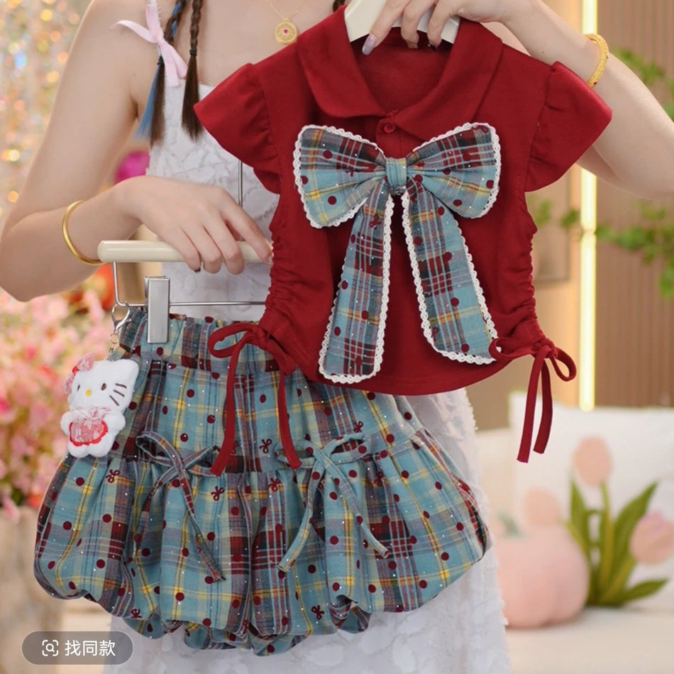 Premium Girls Bow Floral Two Piece Summer Set Kids Outfit