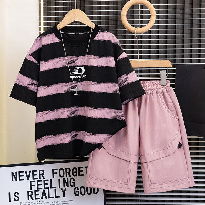 Premium Boys Striped Summer Two Piece Set Loose Casual Kids Outfit