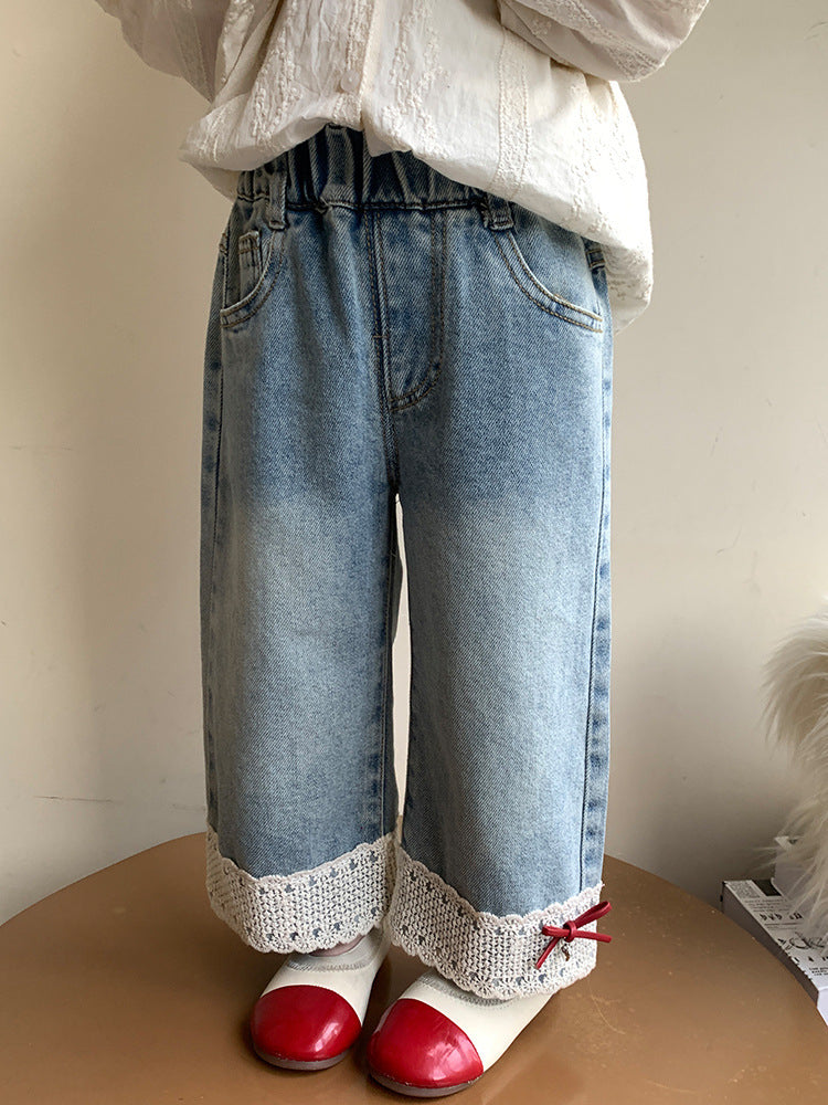 Girls’ Lace Bow Denim Straight Pants for Kids