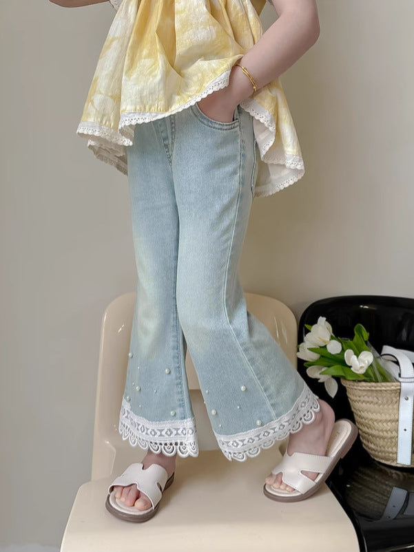 Girls’ Tencel Flared Jeans with Beaded Lace Detail