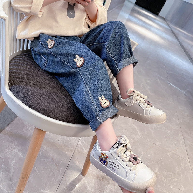 Children’s Cartoon Bunny Denim Pants with Flared Hem