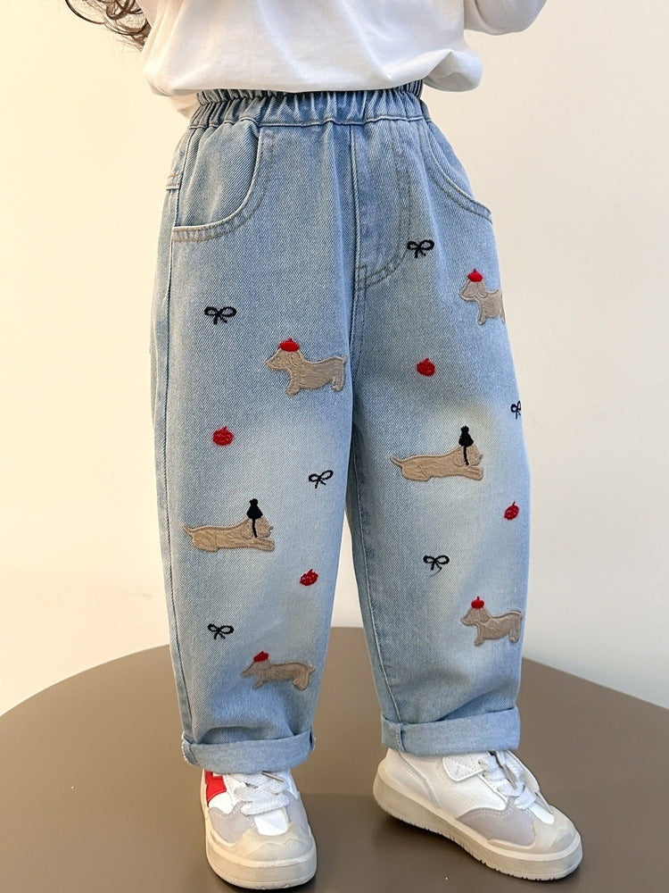 Girls’ Loose Straight Dad Jeans with Cartoon Embroidery