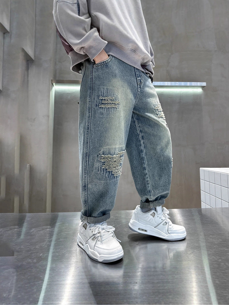 Boys’ Loose Straight Denim Jeans in Streetwear Style